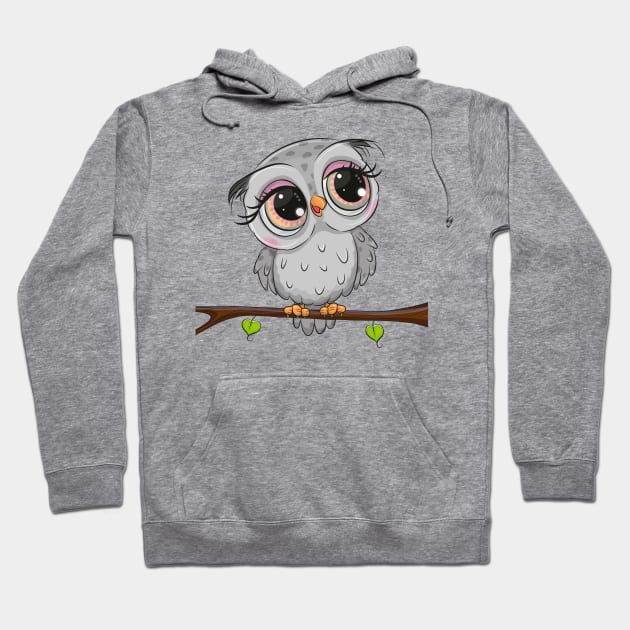 Cute grey owl sitting on a branch Hoodie by Reginast777